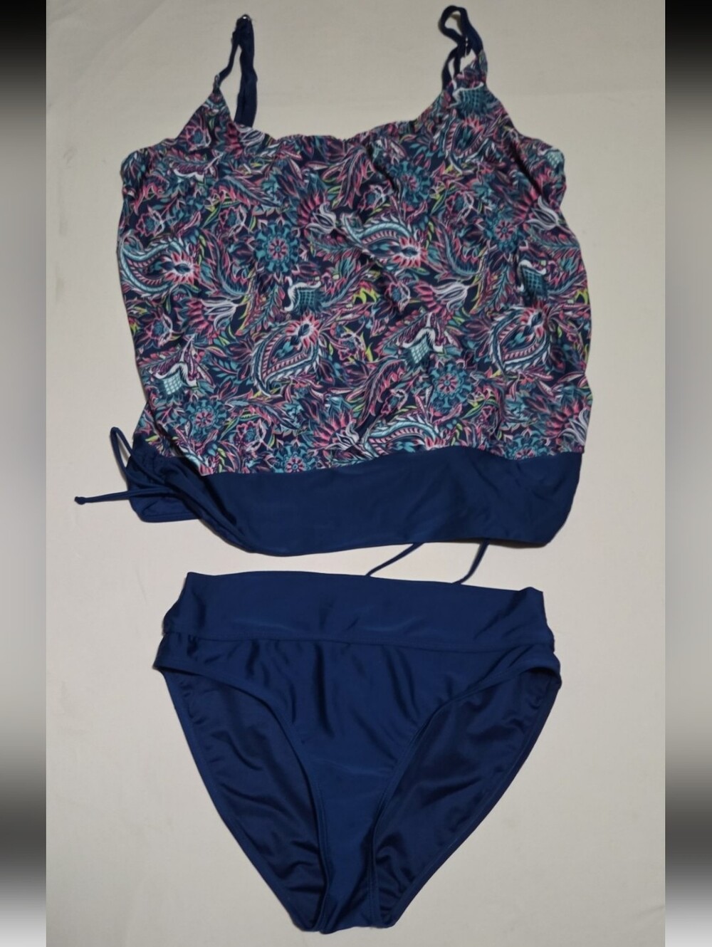 Caribbean joe women's size 14 blue floral swim 2 peice bathing suit #21